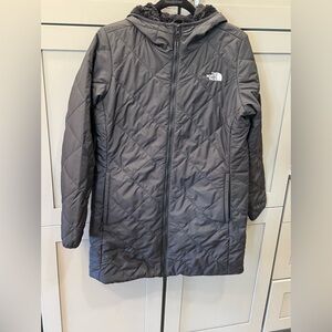 The North Face black long coat, size small petite, length 32”, excellent